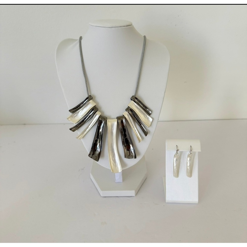 Fashion Jewelry Statement Bib Necklace Earring Set Gunmetal Grey Adjustable